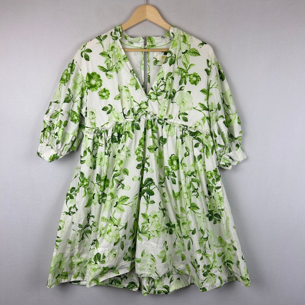 Maeve by Anthropologie V Neck Floral Pleated White/Green Dress Women's Size M